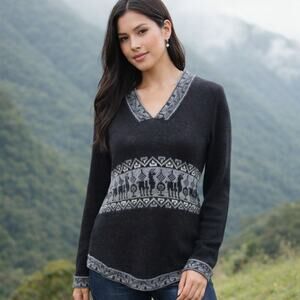 Manos de la Comunidad Peruvian SZ M 100% Baby Alpaca Sweater V Neck Black Gray